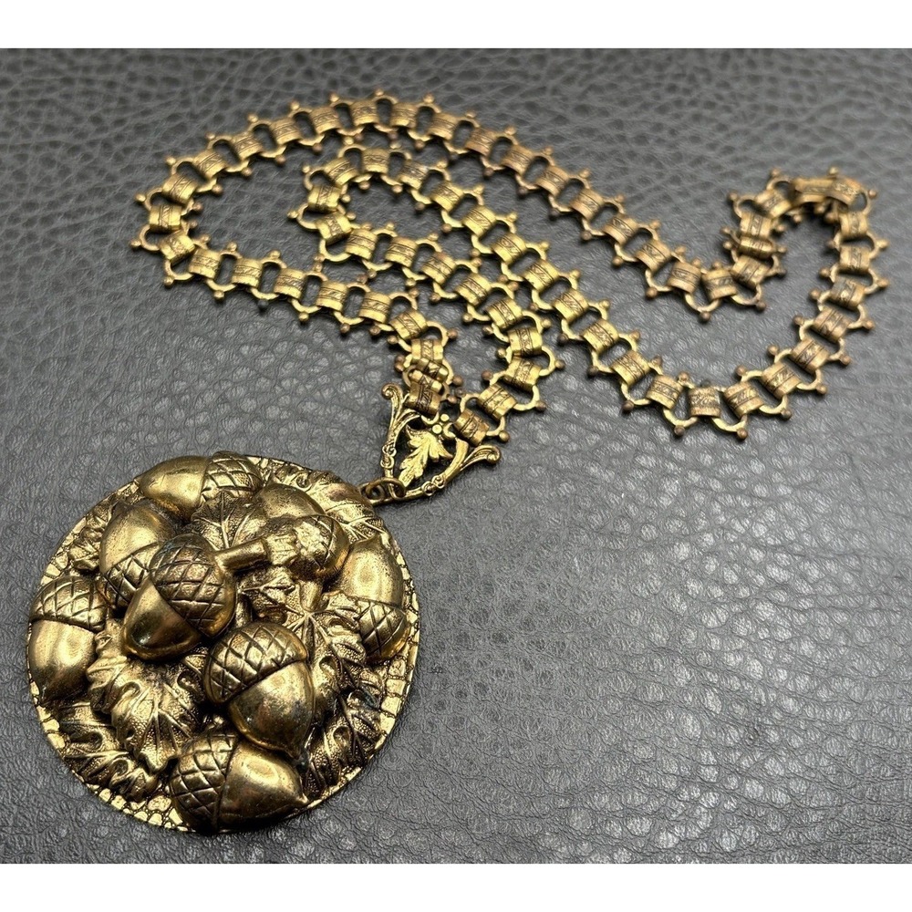 Vintage Victorian Revival Huge Acorn Pendant Necklace Book Chain 18" Unique!